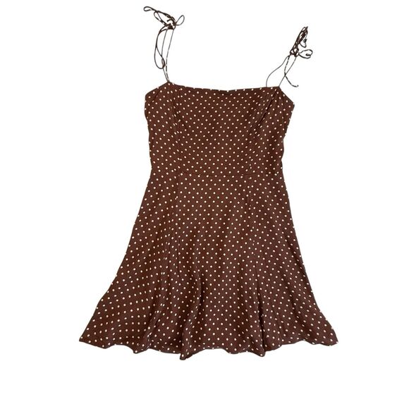 Reformation Dresses & Skirts - Reformation Sarah Polka Dot Mini Dress Size 8 Brown Shoulder Ties Skater Strappy